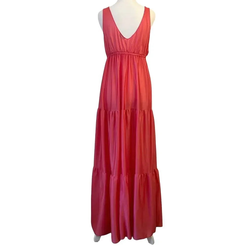 Vintage 70s Maxi Nylon Babydoll Slip Dress M Tiered Coral Pink Nightgown Lingeri